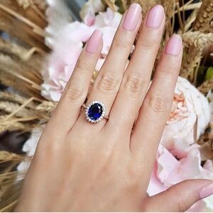 Princess Diana‎ Inspired Blue Oval Sapphire & Crystal Costume Jewelry Ring 8